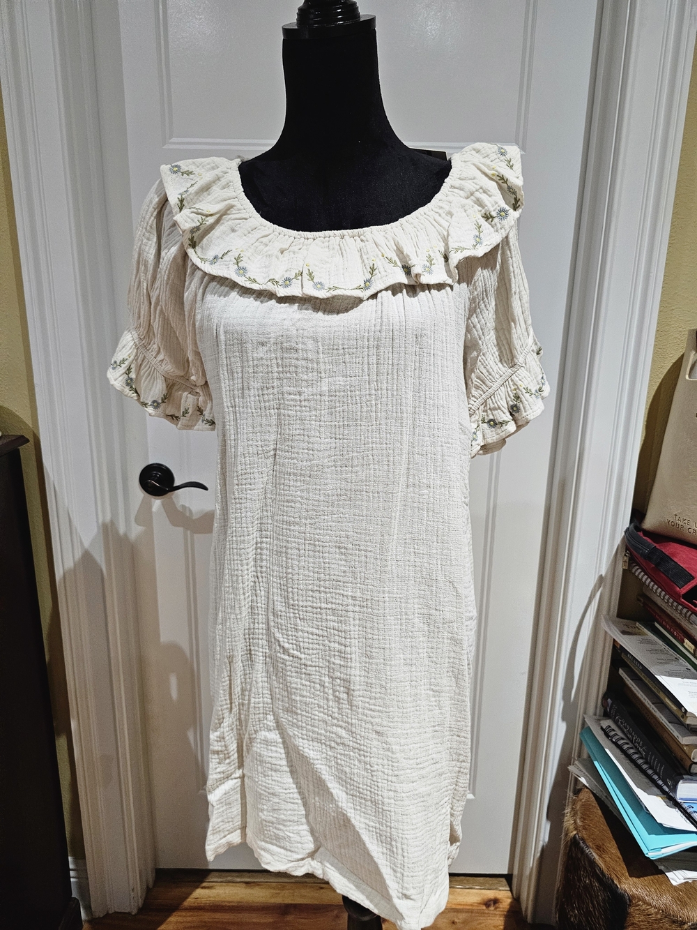 Cream Ruffle-Neck Midi Dress with Delicate Embroidered Trim, NWT